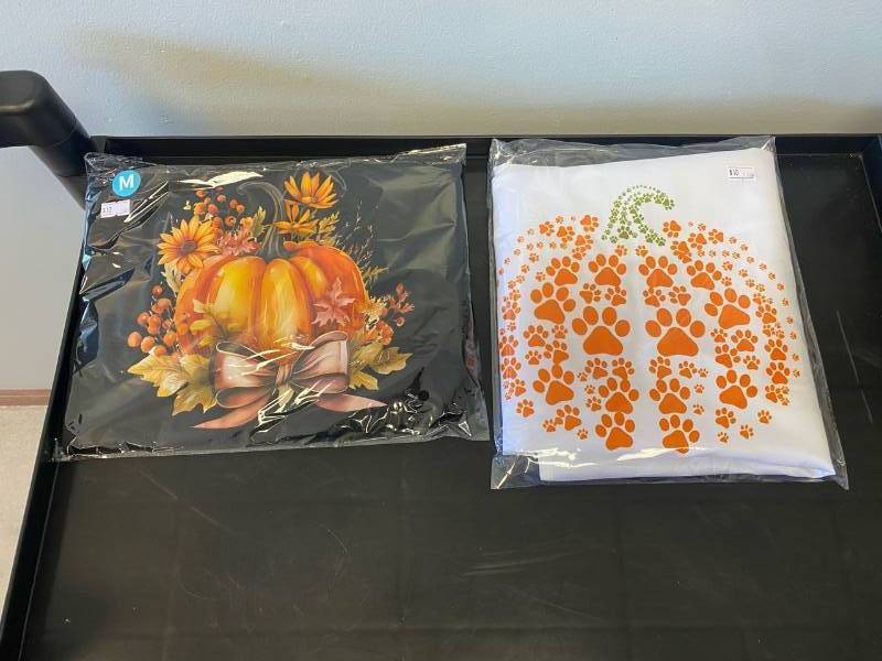 lot 2569 image: Fall items- (1) white pumpkin pawprint apron, (1) Medium T-shirt