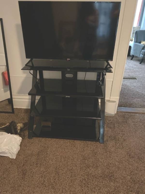 lot 15 image: Z-Line Tempered Black Glass multi-level TV Stand