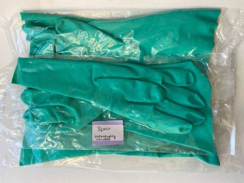 lot 2487 image: (3) pair rubber gloves individually wrapped- Size 8 Perfect for washing dishes and general housework