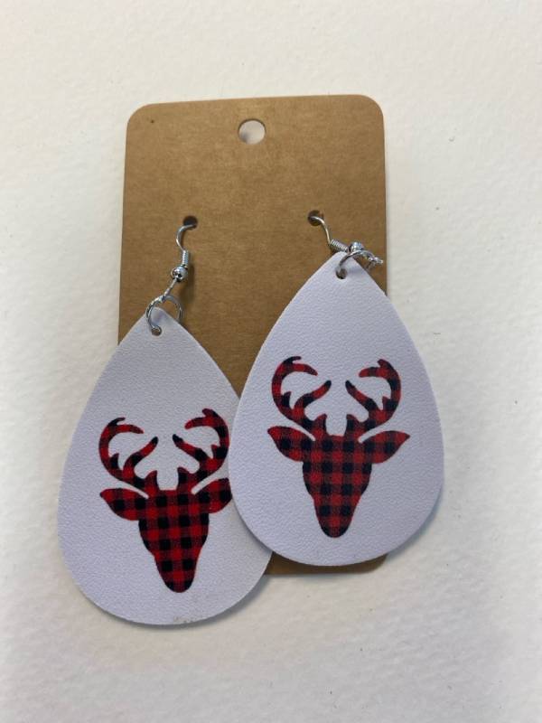 lot 2515 image: White with Buffalo plaid reindeer festive holiday earrings NEW