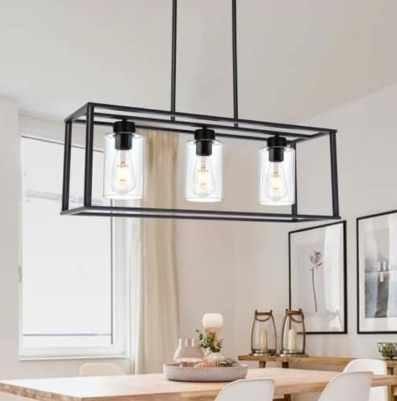 lot 2424 image: Bonlight Rectangle Dining room, light fixture hanging black, three light, rustic farmhouse, linear chandelier, industrial vintage kitchen, island, metal cage, pendant, light with clear glass, and adjustable rods