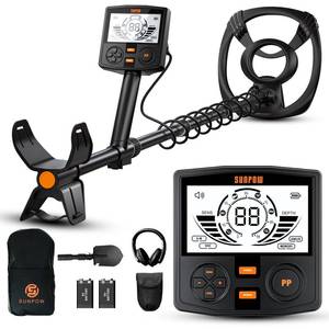 lot 12020 image: SUNPOW Metal Detector for Adults Professional - High Accuracy with 12 Waterproof Coil, 2x Backlit LCD Display, Advanced DSP Chip, 5 Modes, Adjustable Length (19-59), Sturdy Spiral Structure -OTMD14 - Retail $134.69