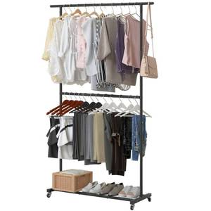 lot 12041 image: Sywhitta Double Rod Clothing Garment Rack, Rolling Clothes Organizer on Wheels for Hanging Clothes, Easy to Assemble, Adjustable, Black