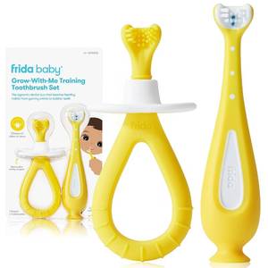 lot 12090 image: Frida Baby Grow-with-Me Baby Toothbrush Training Set  Infant to Toddler Toothbrush 0-12 months, Cleans All Sides at Once, Oral Care for Sensitive Gums  Yellow