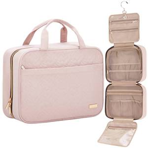 lot 12097 image: NISHEL Travel Toiletry Bag for women, Portable Hanging Organizer for Full-Sized Shampoo, Conditioner, Brushes Set, Makeup Accessories, Large Size, Pink