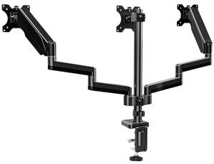lot 12117 image: UPGRAVITY Triple Monitor Stand, 3 Monitor Desk Mount for Three Computer Screens up to 32�, Heavy Duty C-Clamp Base, Fully Adjustable Gas Spring Triple Monitor Arms Hold up to 30.9 lbs Each - Retail $128.68