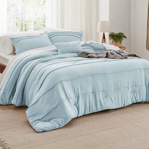 lot 12130 image: Bedsure Sky Blue Queen Comforter Set - 4 Pieces Pinch Pleat Bed Set, Down Alternative Bedding Sets for All Season, 1 Comforter, 2 Pillowcases, 1 Decorative Pillow