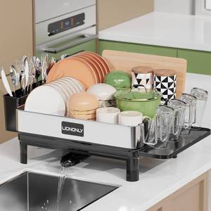 lot 12147 image: LIONONLY Dish Drying Rack, Thicker Premium 304 Stainless Steel Dish Racks for Kitchen Counter, Dish Drainer & Drainboard Set Dish Rack with Adjustable Spout, Utensil Holder and Cup Holder, Black