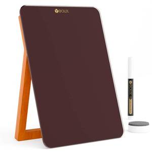 lot 13992 image: Glass Desk Whiteboard with Reversible Wood Stand, Burgundy Red, Small Portable Dry Erase Board Easel for Desktop, Reusable Notepad 9.5x6.7 for Office, Home, School, Marker&Eraser Included, Yeoux