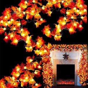 lot 13998 image: TURNMEON 6 Pack Thanksgiving Decorations Enlarged Maples Leafed Fall Decorations for Home Fall Lights Thick Leafs Garlands, Total 60Ft 120LED Battery Operated Waterproof Halloween Decor Indoor Outdoor