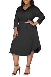 lot 13999 image: CLOCOR Womens Casual Plus Size Dresses V Neck 34 Sleeve A-Line Split Swing Midi Dress with Belt & Pockets Black 3X