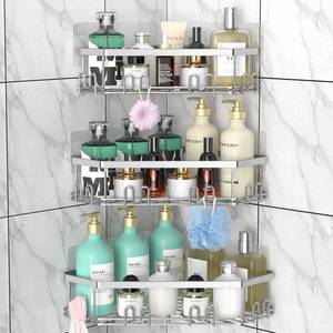 lot 14024 image: STEUGO Corner Shower Caddy, Shower Organizer Corner Shower Shelf with 12 Hooks,3-Pack Adhesive Stainless Steel Shower Shelves for Bathroom StorageNo Drilling Wall Mounted Shower Rack (Silver)