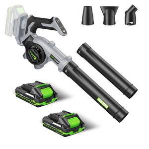 lot 15510 image: Leaf Blower Cordless - Electric Cordless Leaf Blower with 2 Batteries and Charger, 3 Speed Modes & 3 Blowing Nozzles, 20V Battery Powered Mini Leaf Blowers for Lawn Care, Patio, Indoor - Retail $76.41