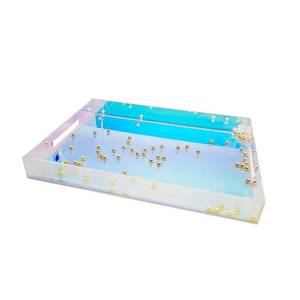 lot 15527 image: ROYALITA Iridescent Acrylic Serving Tray with Handles 16x12 Inch - Acrylic Tray Bathroom Perfume Tray Spill Proof, Decorative Tray for Ottoman Coffee Table Countertop, Wedding Decor, Dinner Desk