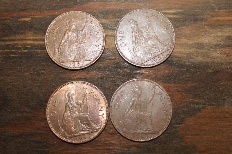 lot 7691 image: Lot of 4 British Pennies- Year 1963, 1966, and 1967 (2 of them)- Very Neat