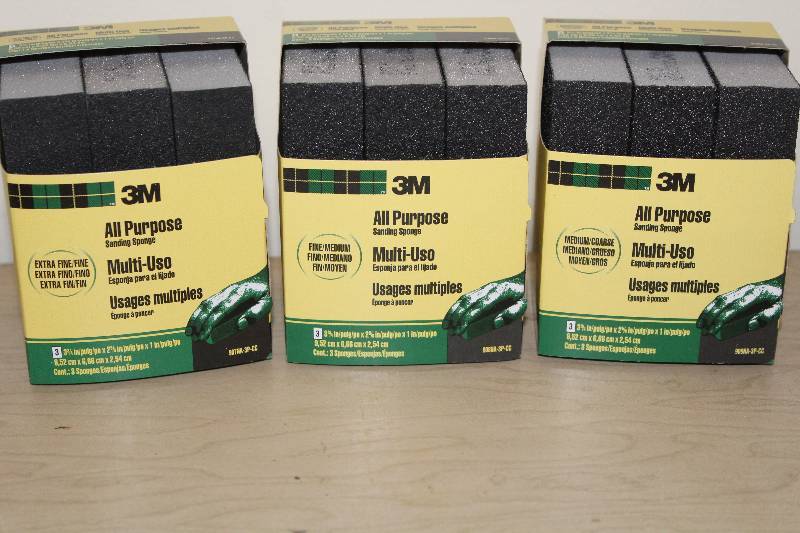 lot 7734 image: Lot of 3, 3 Packs of 3M Sanding Sponges, Assorted Grits