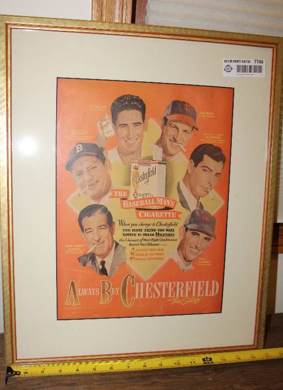 lot 7749 image: Chesterfield Poster- Bucky Harris, Bob Elliott, Ted Williams, Stan Musial, Joe DeMaggies, and Ewell Blackwell- Cool