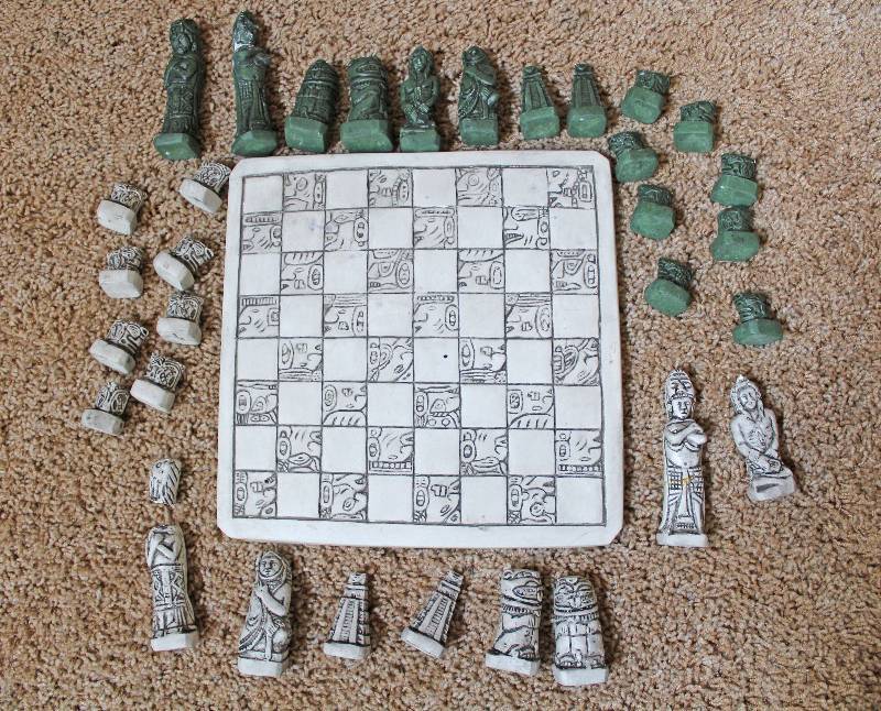 lot 8245 image: Chess Set w Base - Some Pieces Broken, chipped, repaired