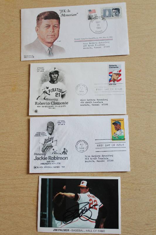 lot 8807 image: Postage Stamps, JFK, Robert Clemente, Jackie Robinson & Autographed Pic of Baseballs Jim Palmer - COOL LOT MUST SEE