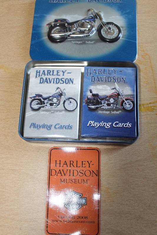 lot 8826 image: Harley Davidson Playing Card Set in Metal Tin Featuring a Springer Softail - and a refrigerator magnet - NICE