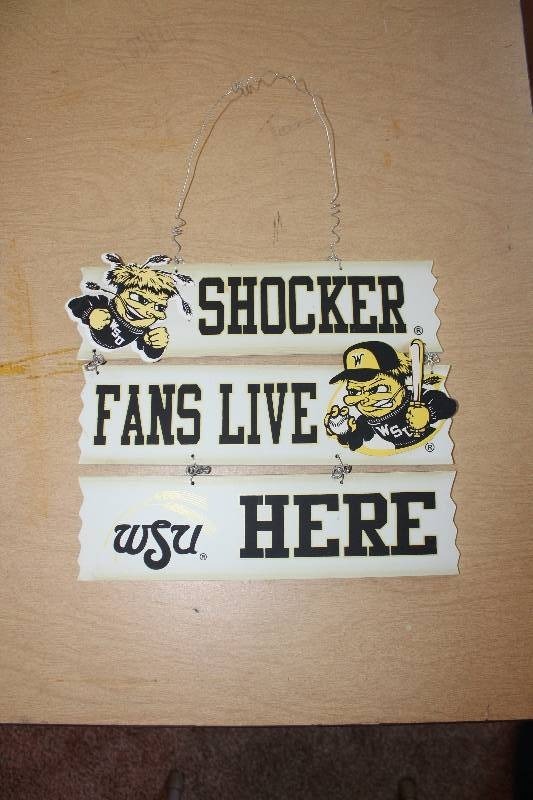 lot 8851 image: Wichita State Shocker Wall Hanger - SHOCKER FANS LIVE HERE - Wu Shock