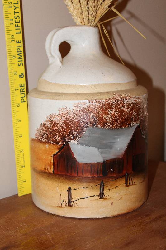 lot 5018 image: Neat, Painted Stoneware Jug - Farm Scene