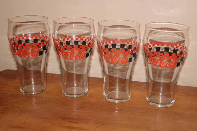lot 5033 image: Lot of 4 Coca Cola Glasses w Checkerboard Design- Cool