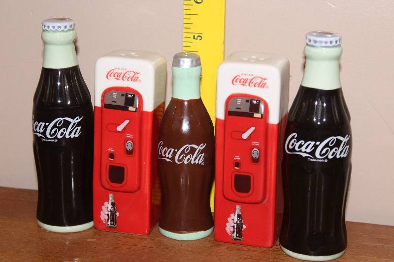 lot 5047 image: Coca Cola Salt and Pepper Shakers - 2 sets and one extra