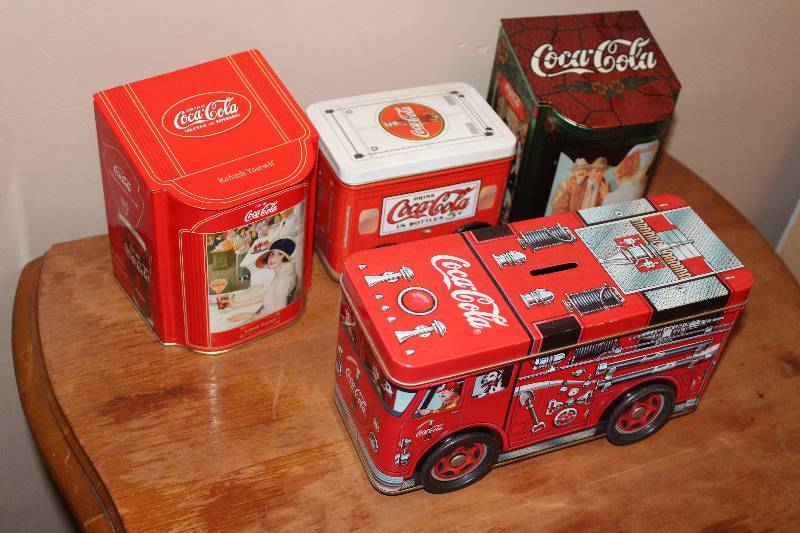 lot 5053 image: Lot of 4 Collectible Coca-Cola Tins - Firetruck theme and more