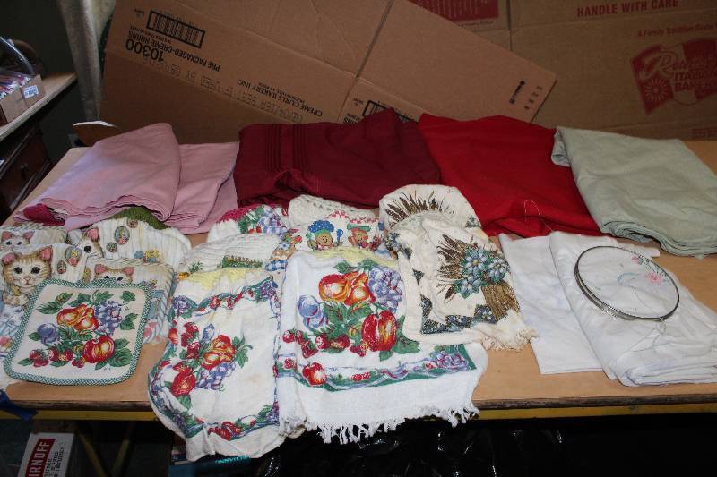 lot 8145 image: Assorted Table Cloth, Kitchen Towels and Embroidery- Pretty