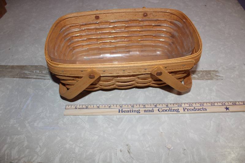 lot 8162 image: Longaberger Basket w Plastic Liner- Wooden, Moveable Handles- Wow