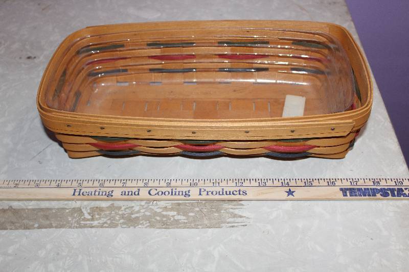 lot 8169 image: Longaberger Oblong Basket w Plastic Liner- Red, Green, and Blue Woven Design- Pretty