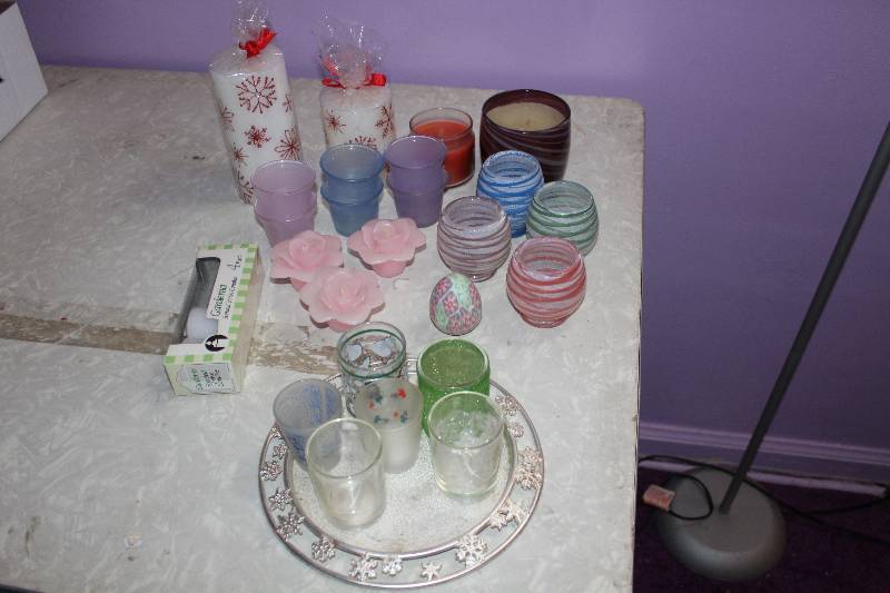 lot 8172 image: Assortment of Candles, Votives, Votive Holders, and Candle Tray- Wow