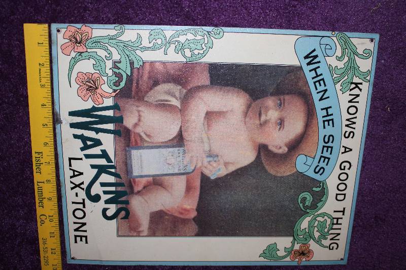 lot 8213 image: Watkins Metal Sign- Neat Has Some Damage