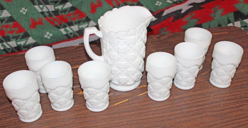 lot 8304 image: 9-Piece Milk Glass Beverage Set - Quilt Pattern Milkglass - Pretty