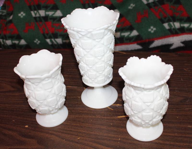 lot 8317 image: Lot of 3 Pieces of Quilt Pattern Milk Glass - milkglass - Pretty