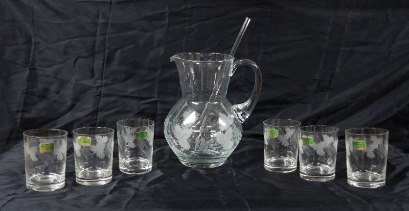lot 6457 image: Mouth Blown - Hand Cut - Romania Crystal Pitcher and Glasses - Beverage Set