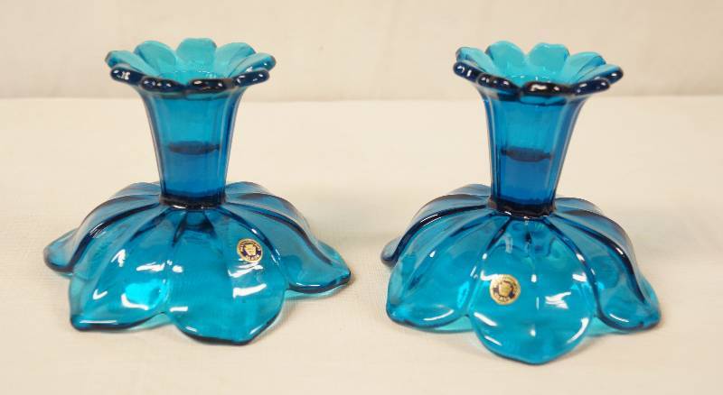lot 6448 image: Pair of Westmoreland Blue Glass Candle Holders - Pretty