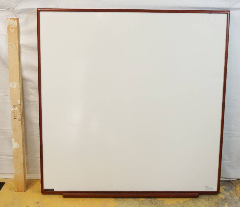 lot 4440 image: Conference Room WHITE BOARD - 4ft x 4ft - wood hanging strip included Nice and Clean Marker Tray on Bottom of Wood Frame