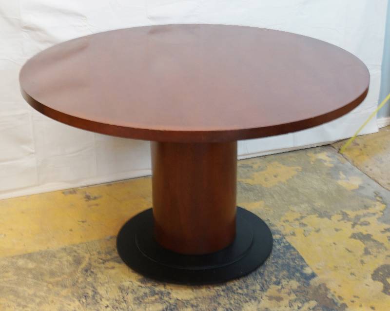 lot 4441 image: Round Conference Table - Steelcase M# TBU2412C - Solid Wood, Metal and Wood Base - Beautiful