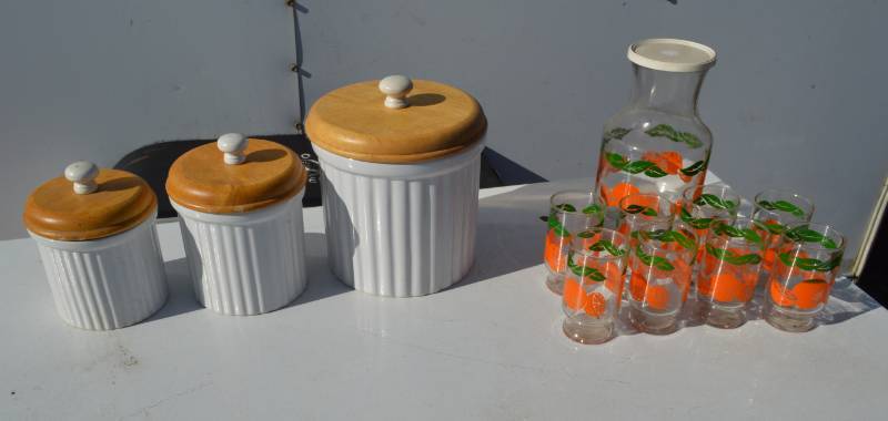 lot 3103 image: 3 piece canister set and set of OJ glasses
