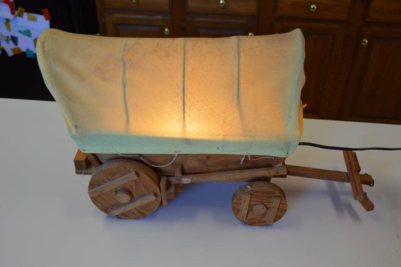 lot 3160 image: wooden covered wagon lamp - works