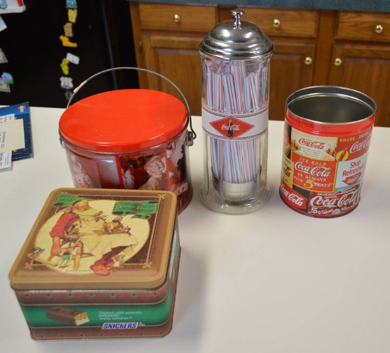 lot 3210 image: Coca-Cola Straw Holder and Tins - Makes a Great Gift for Collectors
