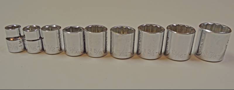 lot 3232 image: Nine Piece Socket Set Challenger by Proto 38 Drive 38 716 12 910 58 1116 34 1316 78