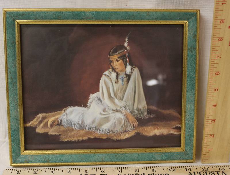 lot 9606 image: 9 x 11 Framed Print of Native American Woman on Rug.
