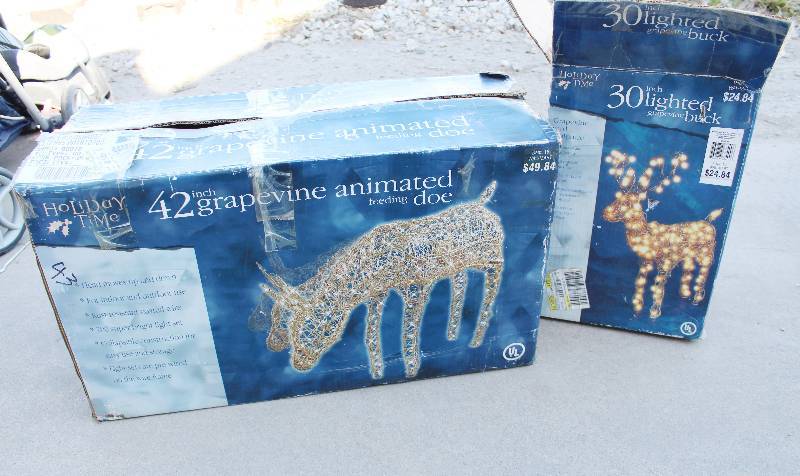 lot 3049 image: Christmas Decor- 2 boxes- 42 grapevine animated feeding doe- 30 lighted grapevine buck- Festive