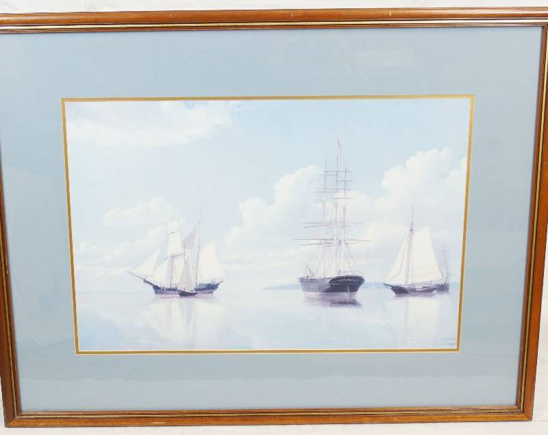 lot 6763 image: Beautiful Large Marine Print - Sailing Ships In Nice Frame - See pics for measurements
