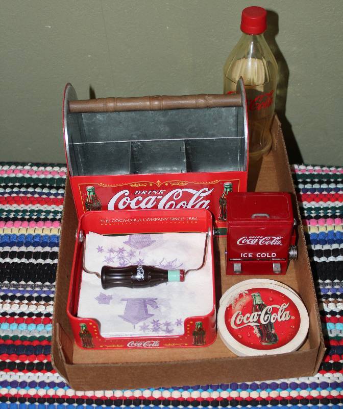 lot 8580 image: Assorted Coca Cola Picnic Items - Utensil Tote - Weighted Napkin Holder, 4 Coasters, Toothpick holder and more