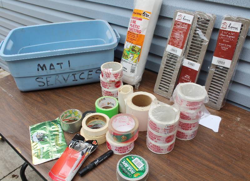 lot 8715 image: Tub and Contents - Assorted Tape, Plastic Sheeting and More