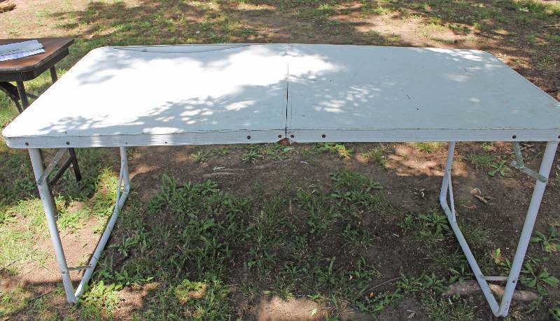 lot 8796 image: White Aluminum Ftame Folding Outdoor Table